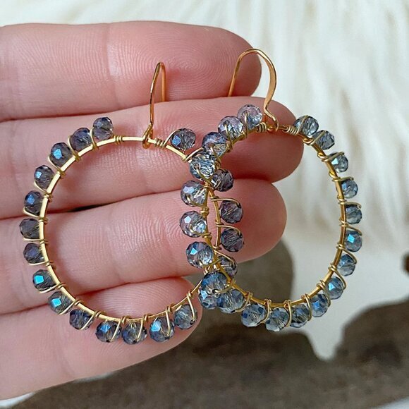 Brass Round Hoop Earrings, Faceted Crystal Blue Glass Beads, Wire Wrapped, Boho - Picture 1 of 6